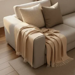 Bomullspläd 'Denisa Fishbone' 130x170cm - Beige/vit