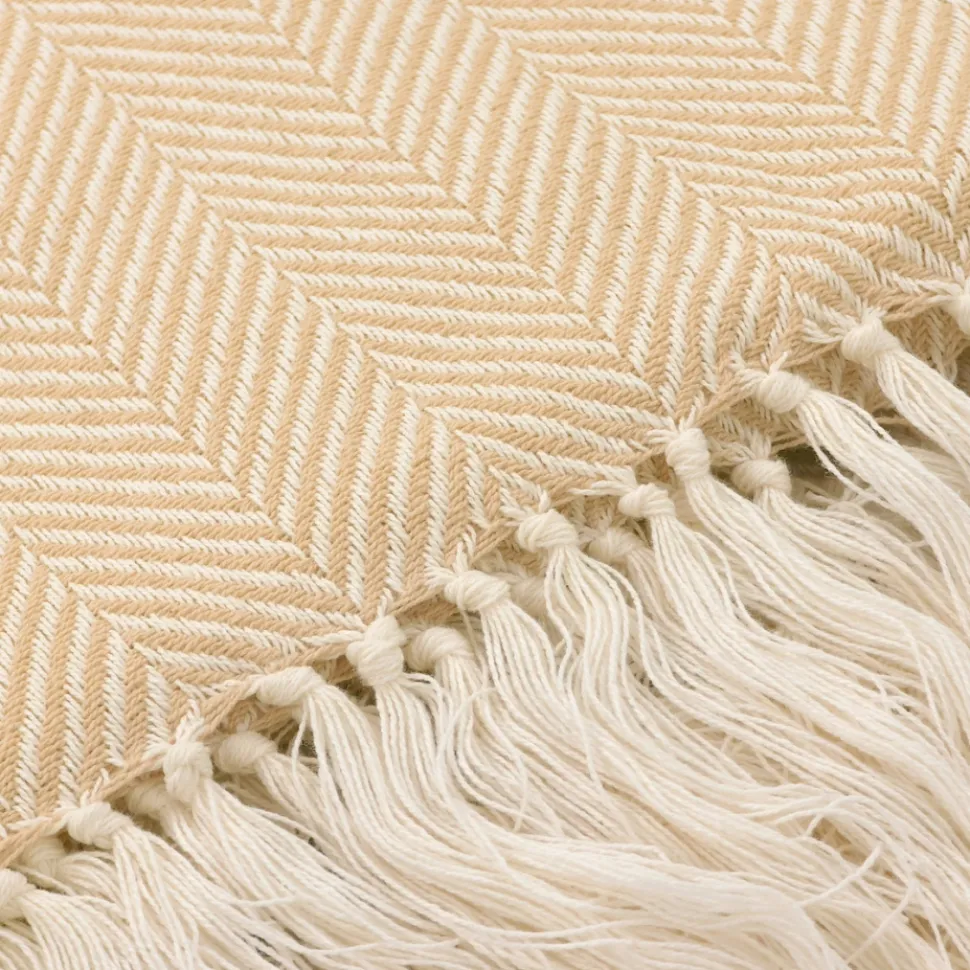 Bomullspläd 'Denisa Fishbone' 130x170cm - Beige/vit