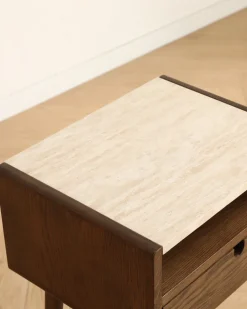Sidobord/sängbord 'Sapri' 45x60cm - Valnöt/Travertin